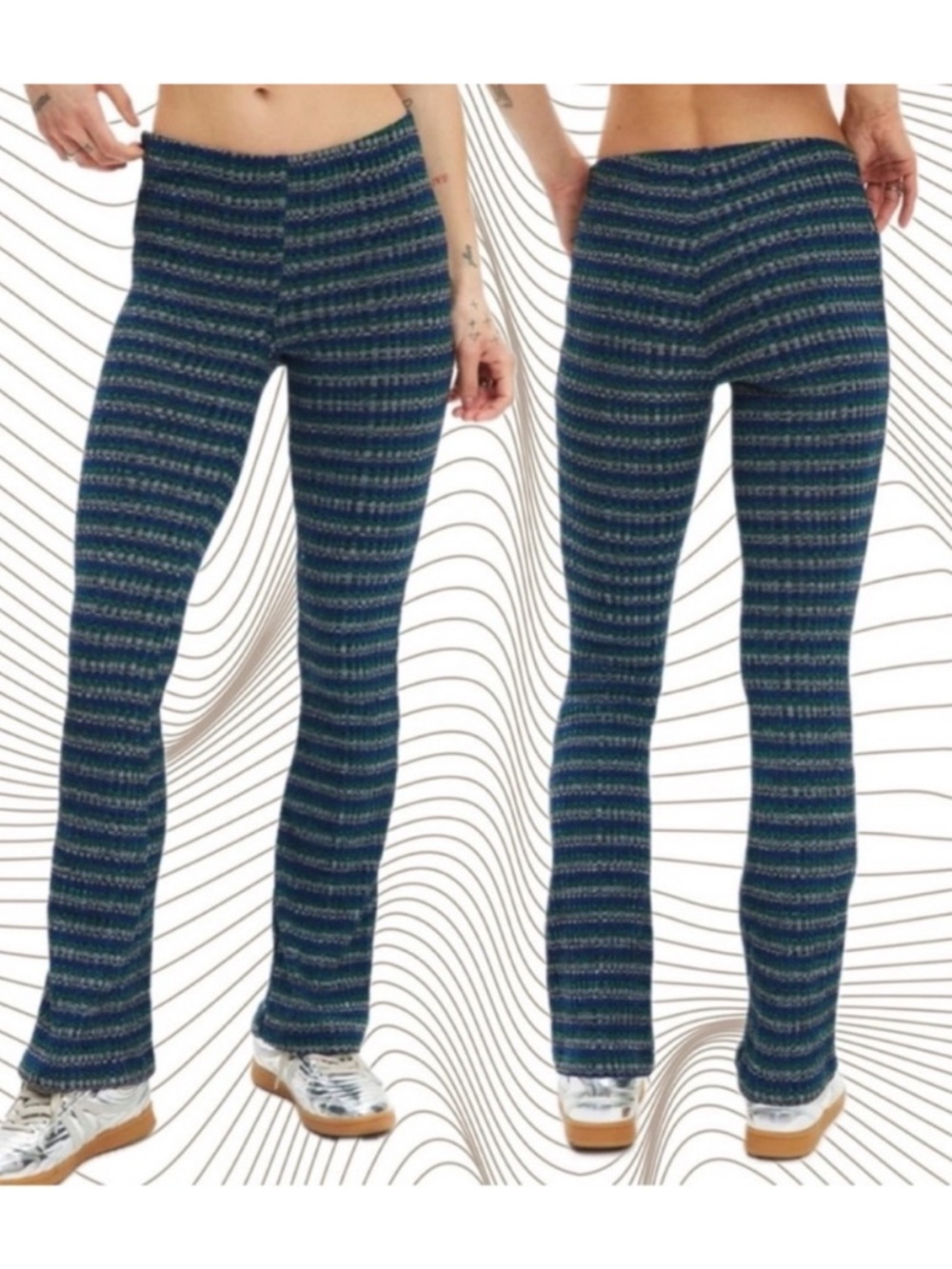 Urban Outfitters | Pria Knit Pull On Flare Pant Blue Green Tweed New Small NWT